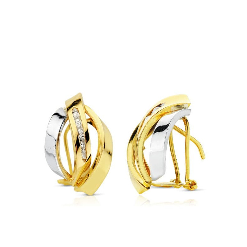 18K PENDIENTES ORO BICOLOR BANDAS 17X11 MM CIERRE OMEGA