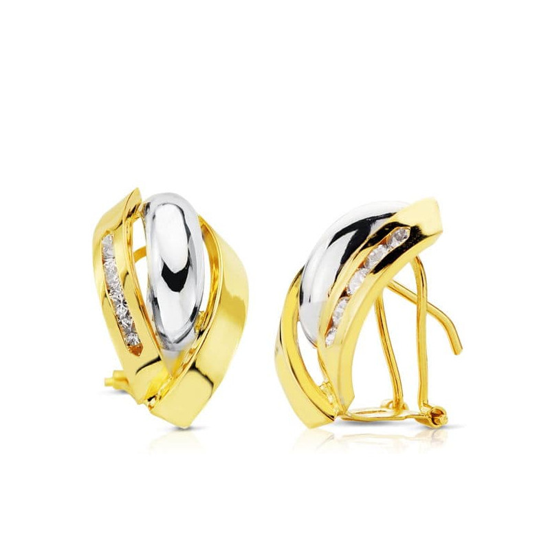 18K PENDIENTES ORO BICOLOR BANDAS 17X11 MM CIERRE OMEGA