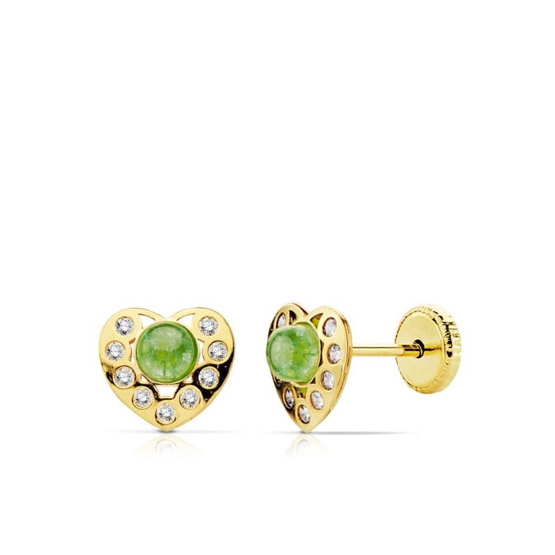 18K PENDIENTES ORO AMARILLO CORAZON PIEDRA VERDE Y CIRCONITA TUERCA