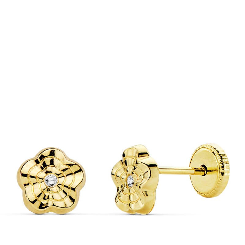 18K PENDIENTES ORO AMARILLO FLOR ONDAS 6X6 MM CIERRE TUERCA