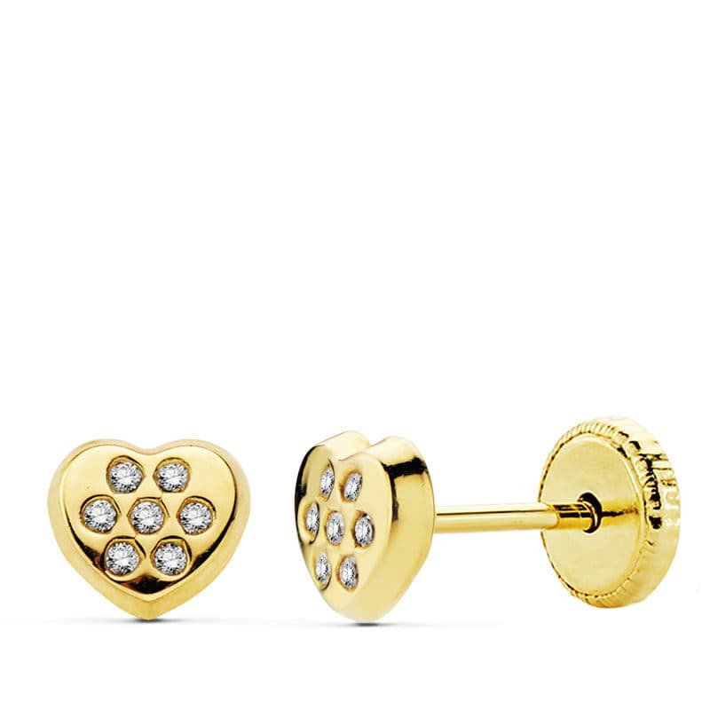 18K PENDIENTES ORO AMARILLO CORAZON CIRCONITA 5X5.5 MM CIERRE TUERCA