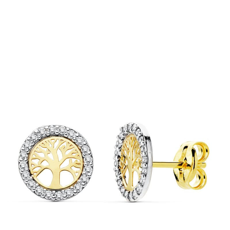 18K PENDIENTES ARBOL DE LA VIDA ORO BICOLOR 8 MM CIERRE PRESION