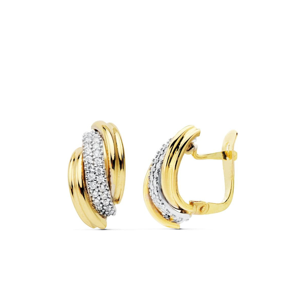 18K PENDIENTES ORO BICOLOR BANDAS 16X9 MM CIERRE CATALAN