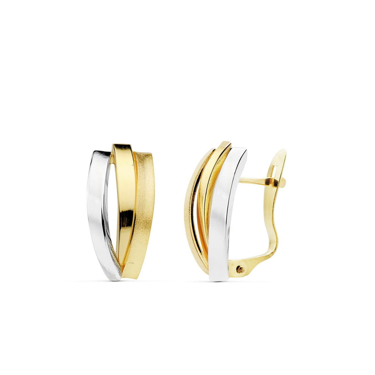 18K PENDIENTES ORO BICOLOR BANDAS 16X7 MM CIERRE CATALAN