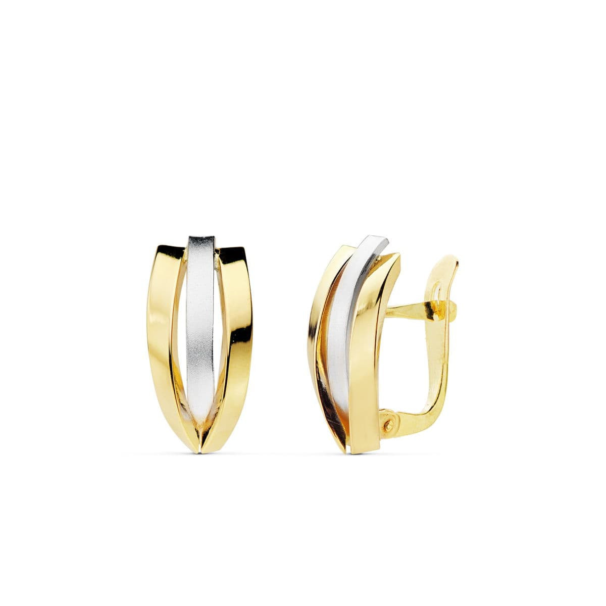 18K PENDIENTES ORO BICOLOR BANDAS 16X7 MM CIERRE  CATALAN