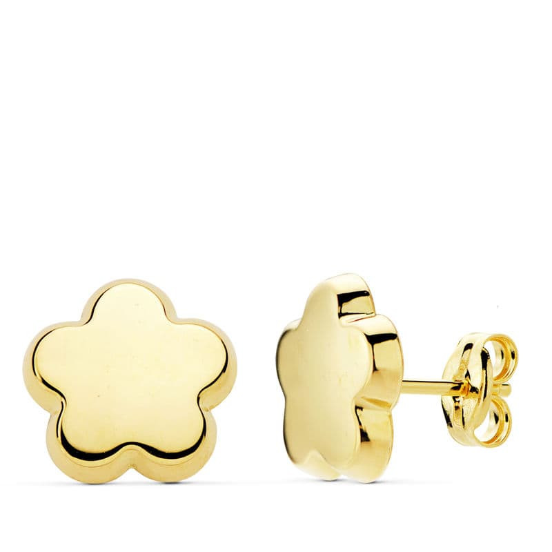 18K PENDIENTES ORO AMARILLO FLOR LISA 10X10 MM CIERRE PRESION