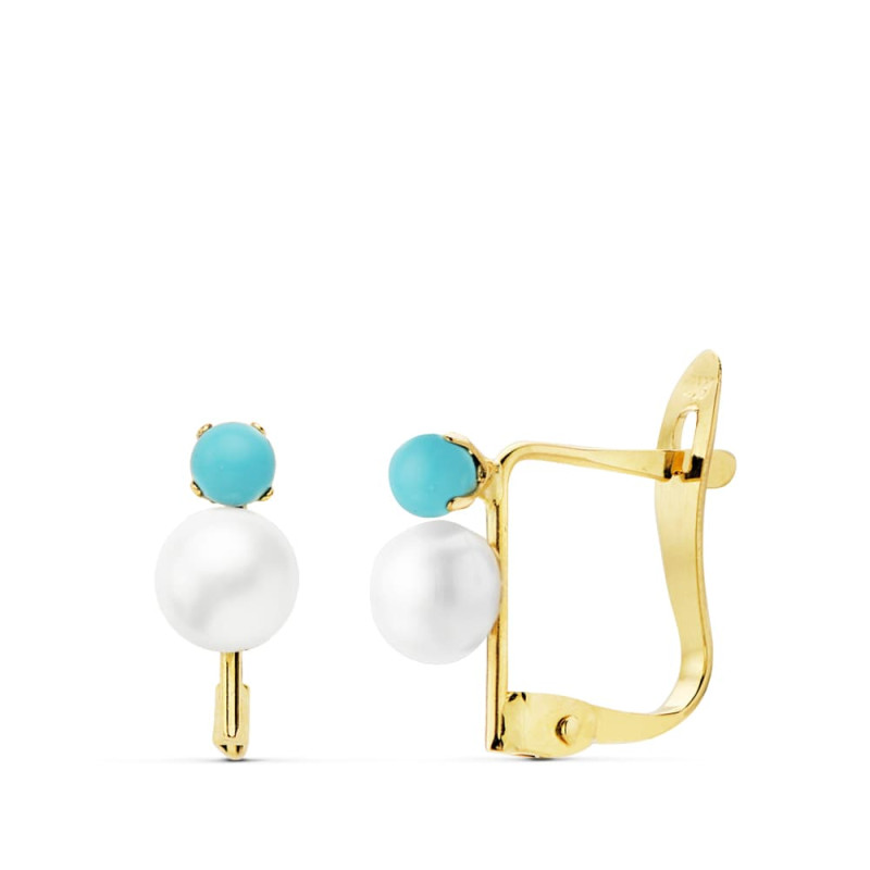 18K PENDIENTES TURQUESAS 2.5 MM PERLA 4.5 MM CIERRE CATALAN