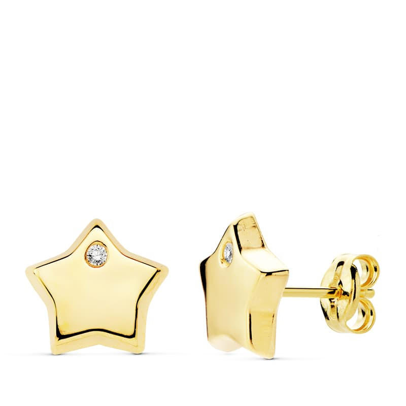 18K PENDIENTES ORO AMARILLO ESTRELLA CIRCONITA 9X9 MM CIERRE PRESION