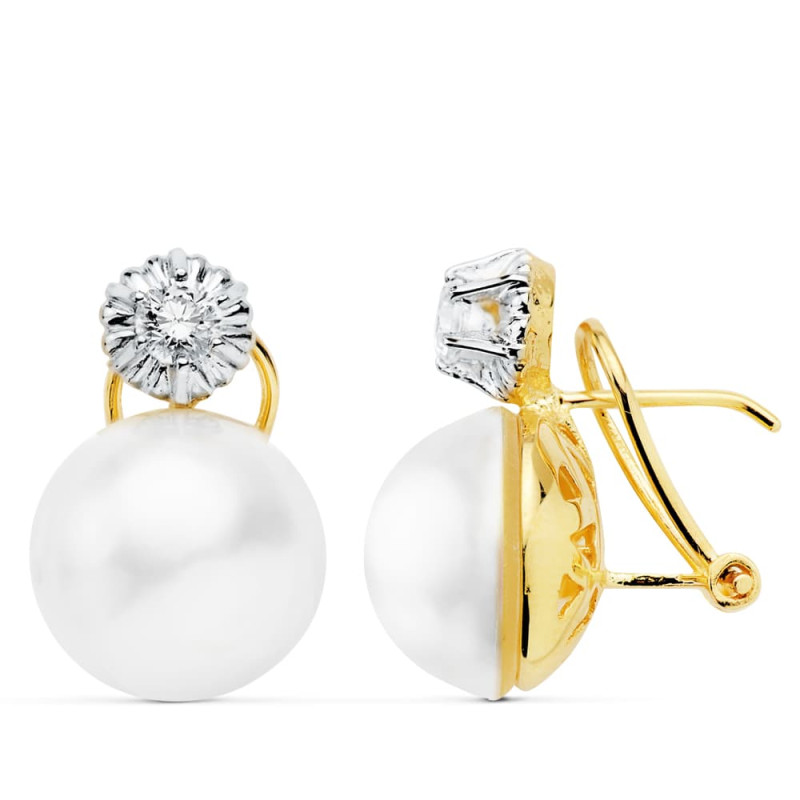 18K PENDIENTES BICOLOR PERLA JAPONESAS 13 MM CIERRE OMEGA