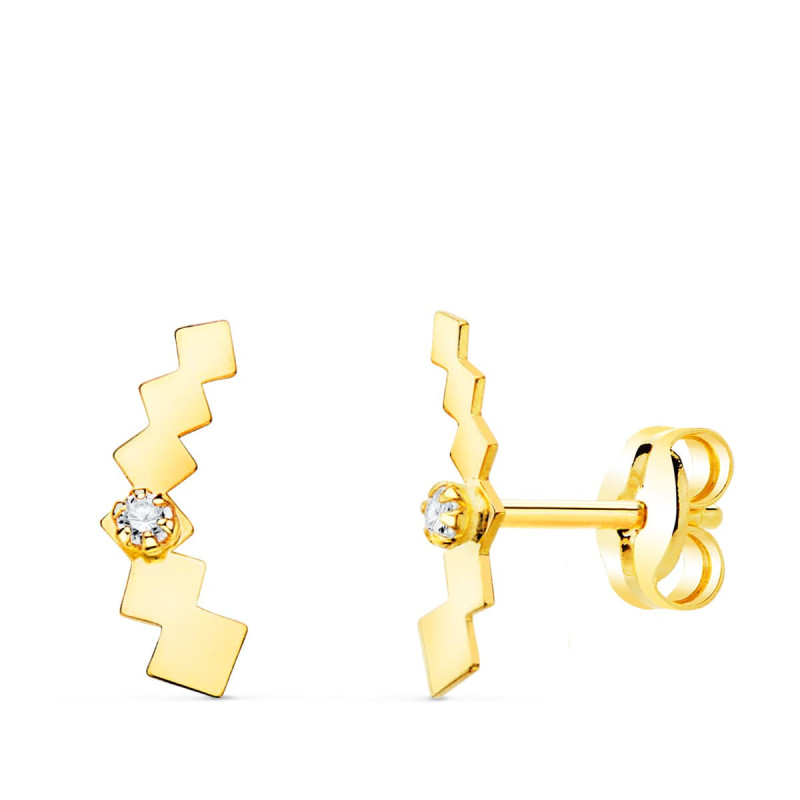 18K PENDIENTES ORO AMARILLO TREPADOR MINI CUBOS CON CIRCONITA 10X3 MM CIERRE PRESION