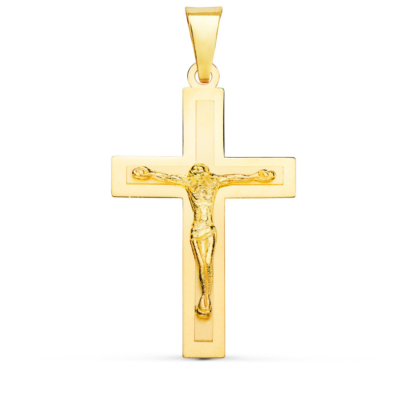 18K CRUZ ORO AMARILLO BRILLO Y MATE CON CRISTO 32X20 MM