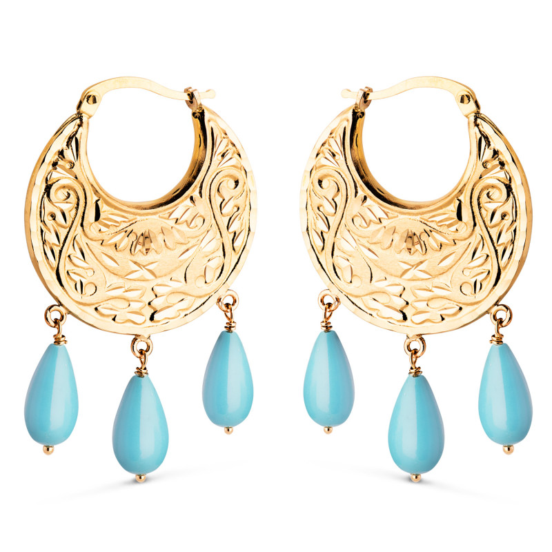 18K PENDIENTES AROS ORO AMARILLO TALLADOS PLANOS CON 3 COLGANTES DE TURQUESA. MEDIDA: 41 X 25 X 2 MM. CIERRE CLIP