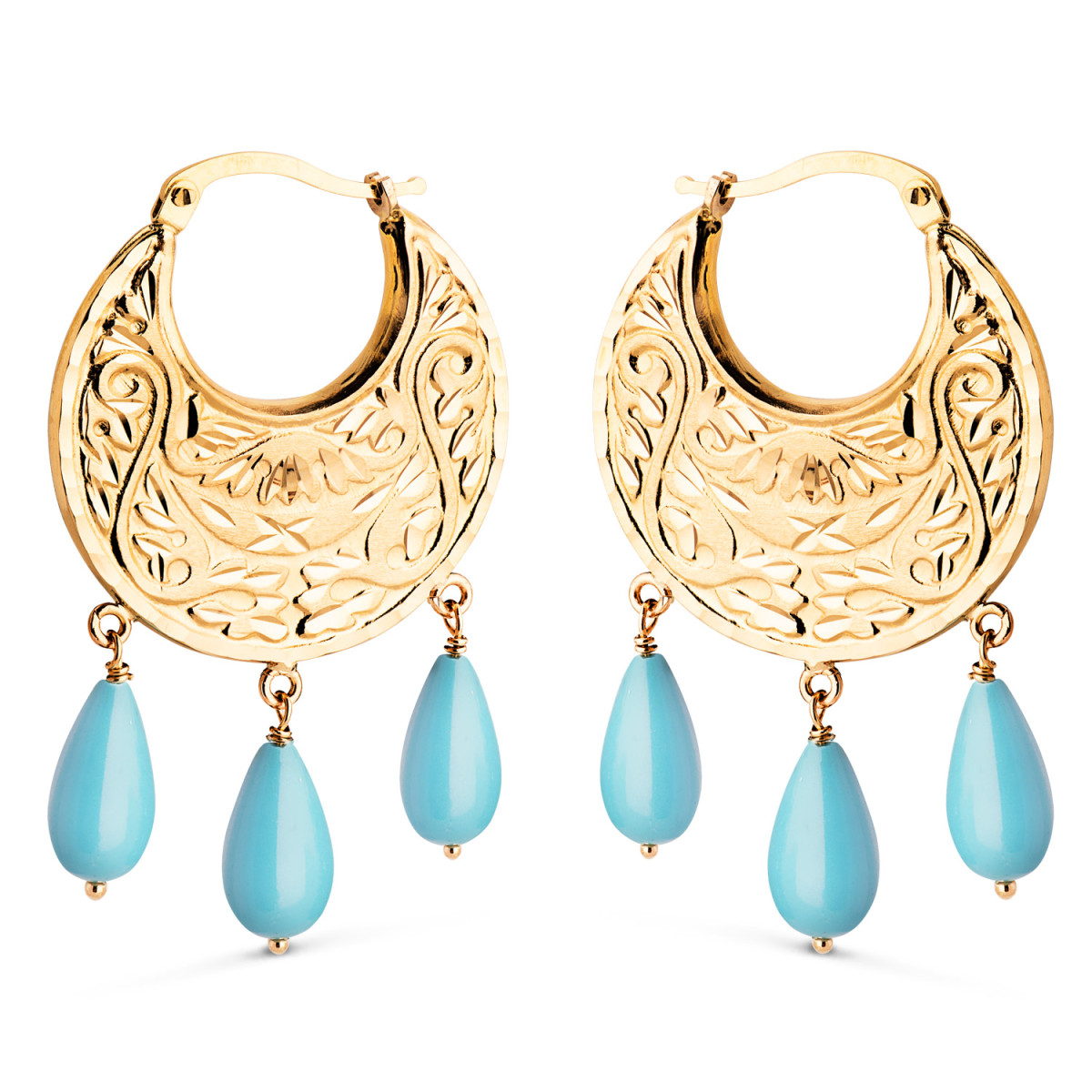 18K PENDIENTES AROS ORO AMARILLO TALLADOS PLANOS CON 3 COLGANTES DE TURQUESA. MEDIDA: 41 X 25 X 2 MM. CIERRE CLIP