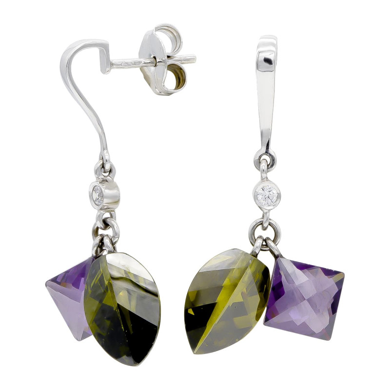 18K PENDIENTES ORO BLANCO OLIVINA Y AMATISTA CIERRE PRESION