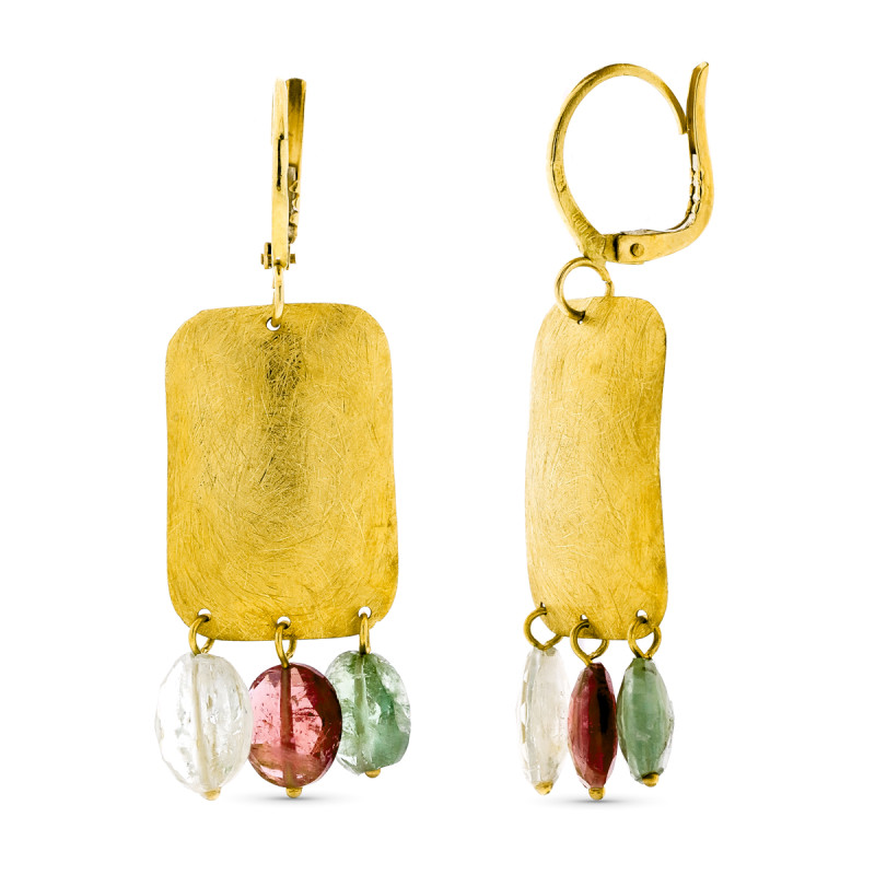 18K PENDIENTES ORO AMARILLO LARGOS PIEDRA COLOR CIERRE PRESION