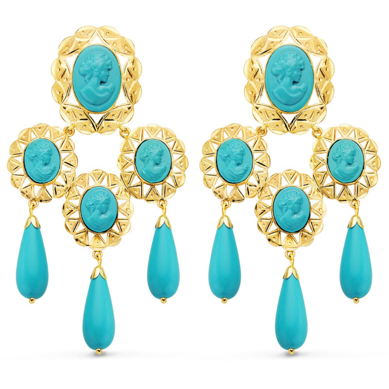18K PENDIENTES CUBANAS ORO AMARILLO MANTILLA CAMAFEO Y TURQUESAS. 70X38 MM CATALAN