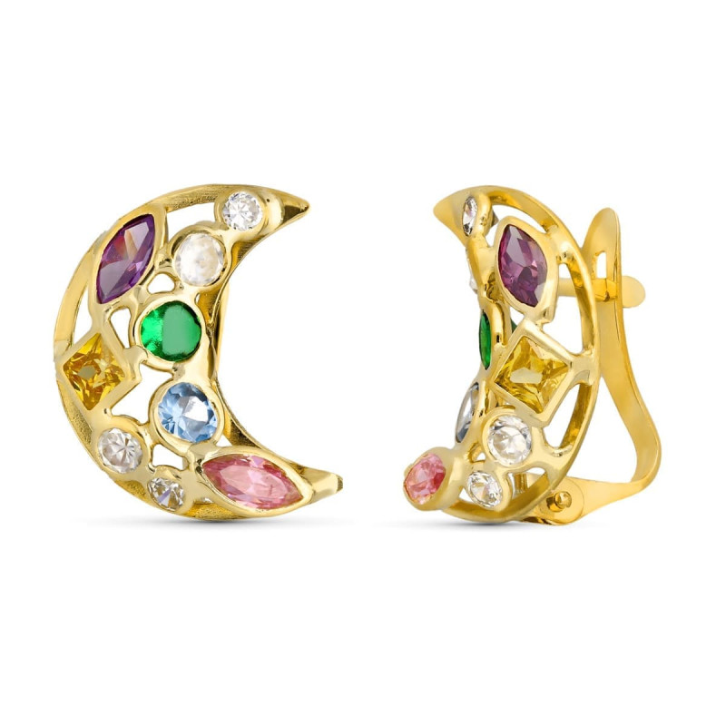 18K PENDIENTES ORO AMARILLO LUNA CIRCONITA COLOR  14X10 MM CIERRE CATALAN