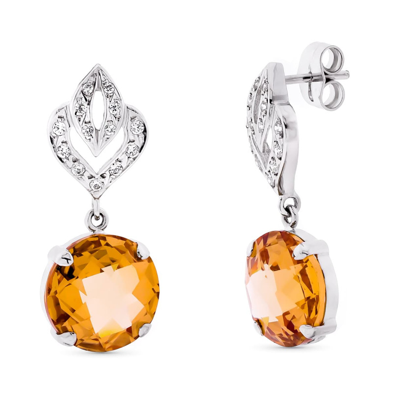 18K PENDIENTES ORO BLANCO LARGOS PIEDRA COLOR 29X12 MM CIERRE PRESION