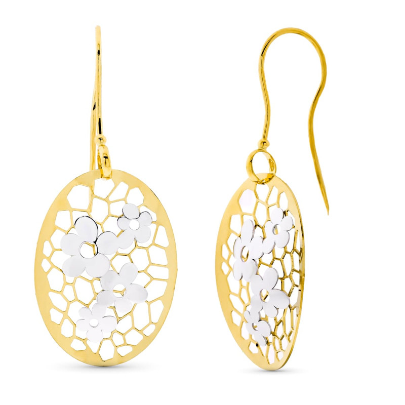 18K PENDIENTES ORO BICOLOR LARGOS FLOR CIERRE GANCHO
