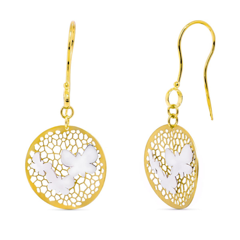 18K PENDIENTES ORO BICOLOR LARGOS MARIPOSAS. 43X18 MM CIERRE GANCHO