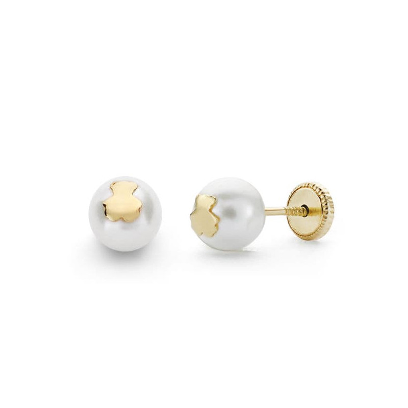 18K PENDIENTES ORO AMARILLO PERLA Y OSO  6 MM CIERRE TUERCA