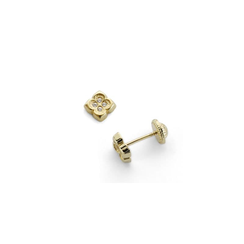 18K PENDIENTES ORO AMARILLO FLOR CIRCONITA 6X6 MM CIERRE TUERCA