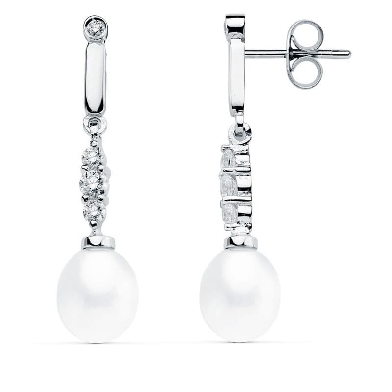 18K PENDIENTES ORO BLANCO PERLA 31X7 MM CIERRE PRESION