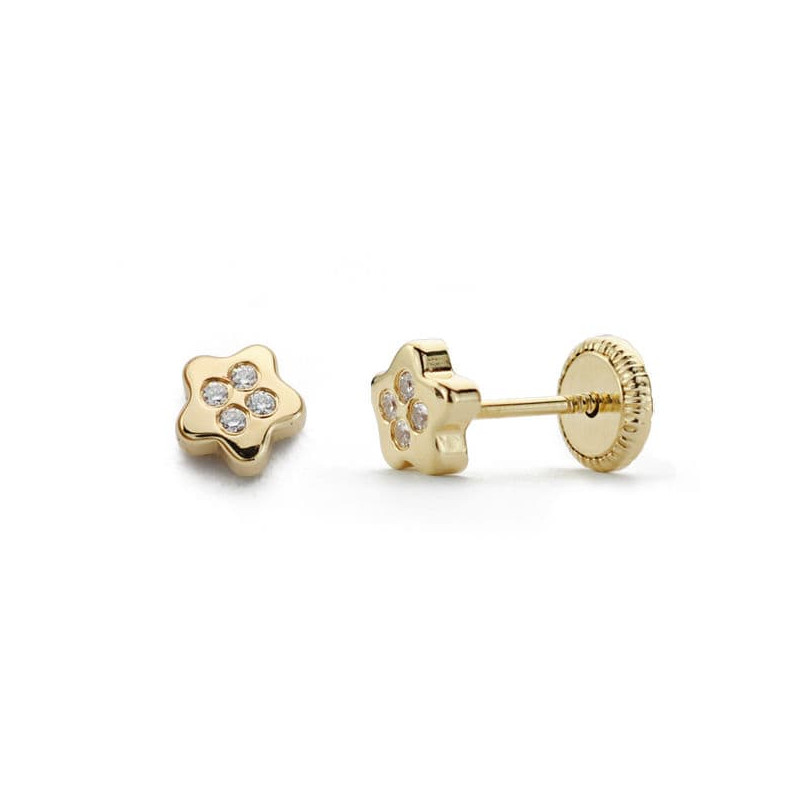 18K PENDIENTES ORO AMARILLO ESTRELLA CIRCONITA 4X4 MM CIERRE TUERCA