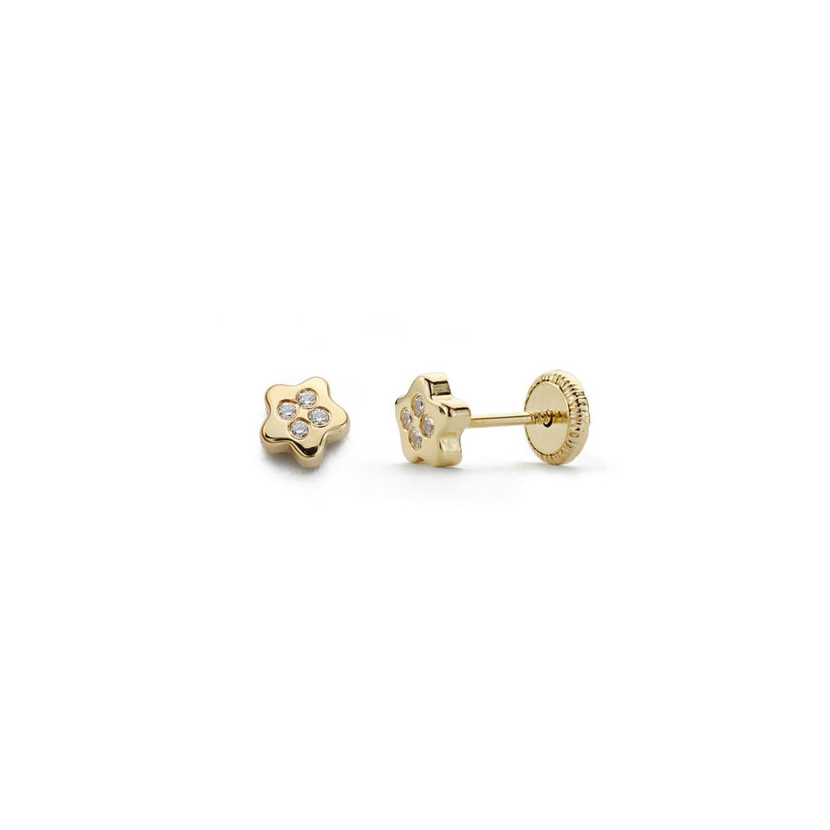 18K PENDIENTES ORO AMARILLO ESTRELLA CIRCONITA 4X4 MM CIERRE TUERCA