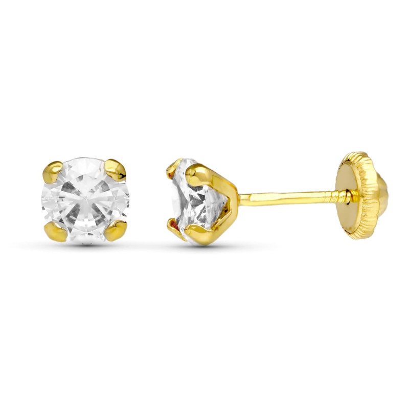 18K PENDIENTES ORO AMARILLO GARRAS CIRCONITA 5 MM CIERRE TUERCA