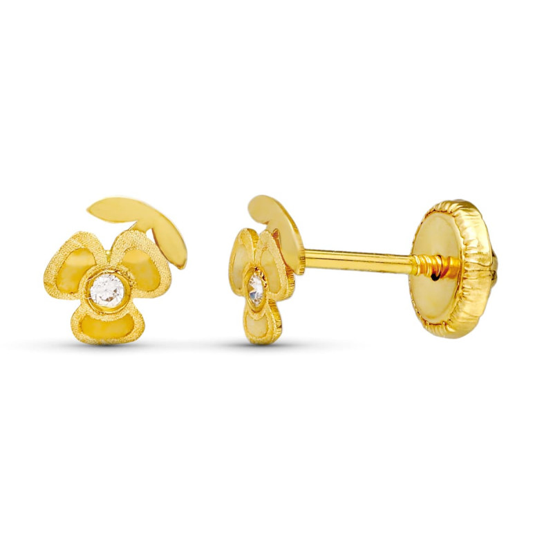 18K PENDIENTES ORO AMARILLO TREBOL LASER. 5X4 MM CIERRE TUERCA