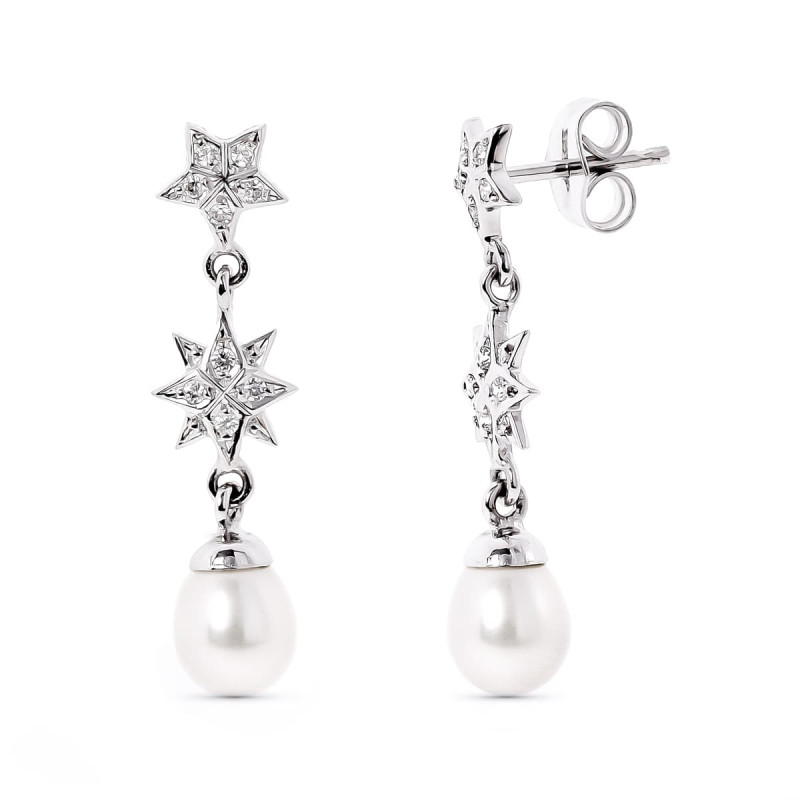 18K PENDIENTES ORO BLANCO ESTRELAS DE CIRCONITA Y PERLA CIERRE PRESION