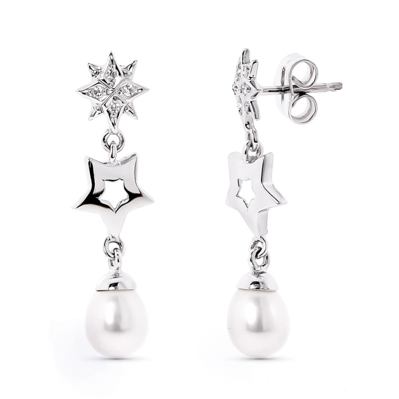 18K PENDIENTES LARGOS PRESION ORO BLANCO ESTRELLAS CON CIRCONITA Y PERLA