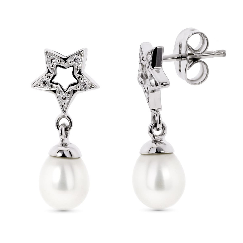 18K PENDIENTES ORO BLANCO DOS CUERPOS CON ESTRELLA Y PERLA CIERRE PRESION