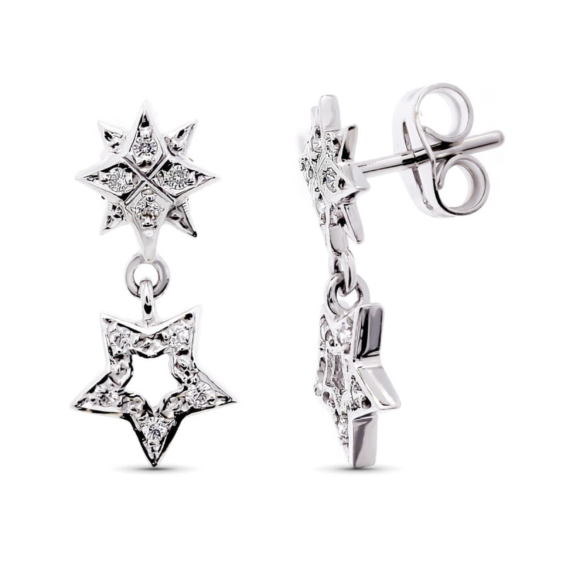 18K PENDIENTES ORO BLANCO CIRCONITA ESTRELLA 17X8 MM CIERRE PRESION
