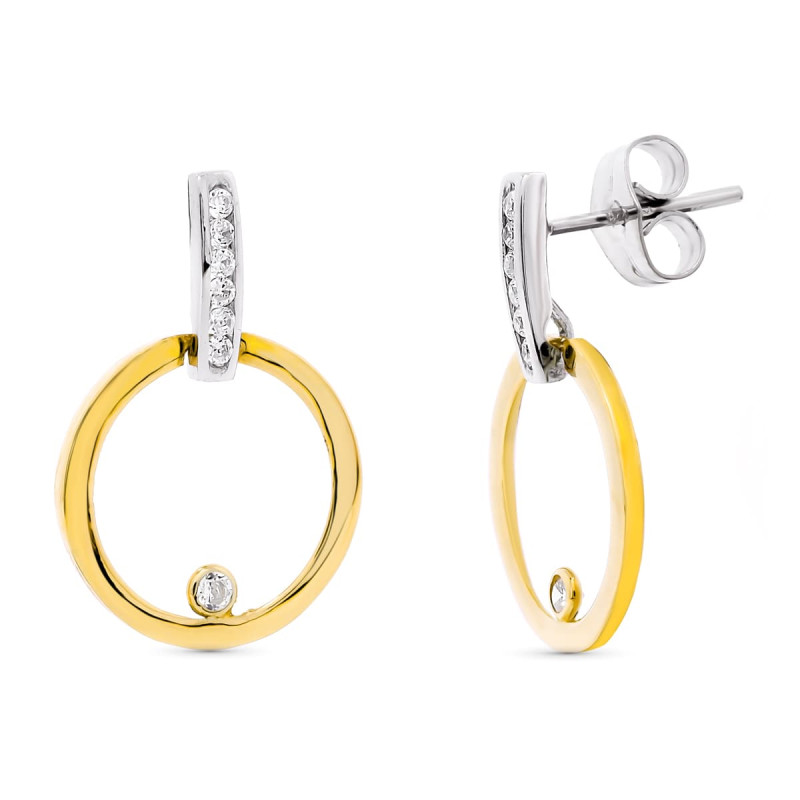 18K PENDIENTES ORO BICOLOR CIRCONITA 21X14 MM CIERRE PRESION
