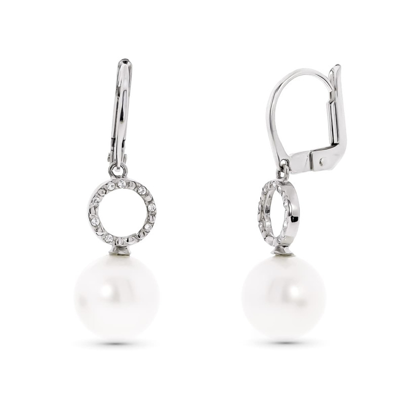 18K PENDIENTES ORO BLANCO MOTIVO REDONDO Y PERLA 9 MM CIERRE CATALAN
