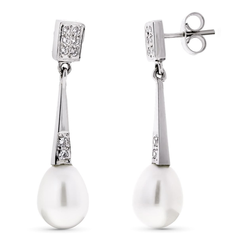 18K PENDIENTES ORO BLANCO LARGOS PERLA Y CIRCONITA CIERRE PRESION