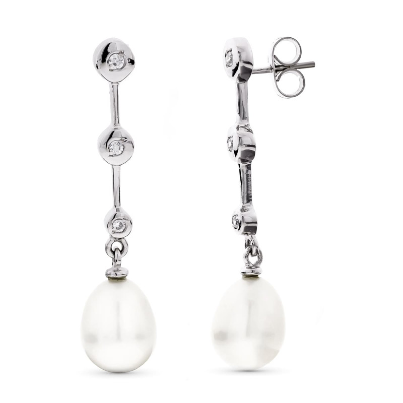 18K PENDIENTES ORO BLANCO LARGOS PERLA Y CIRCONITA CIERRE PRESION