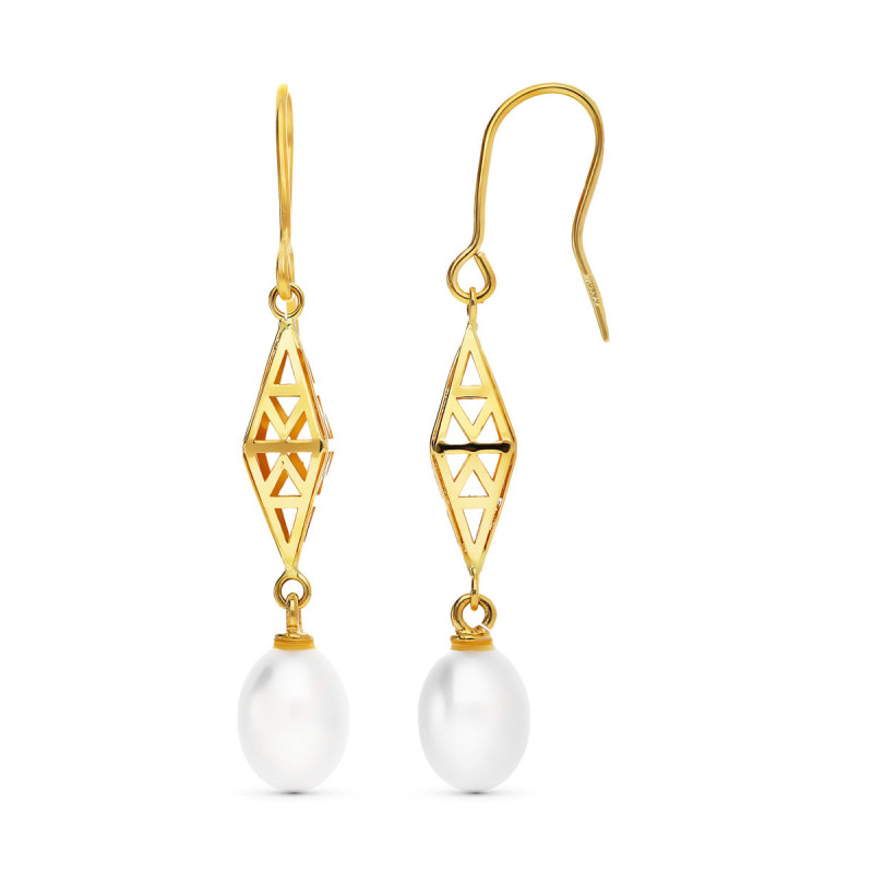 18K PENDIENTES ORO AMARILLO ROMBO 43X7 MM  PERLA CULTIVADA 9X7 MM CIERRE GANCHO