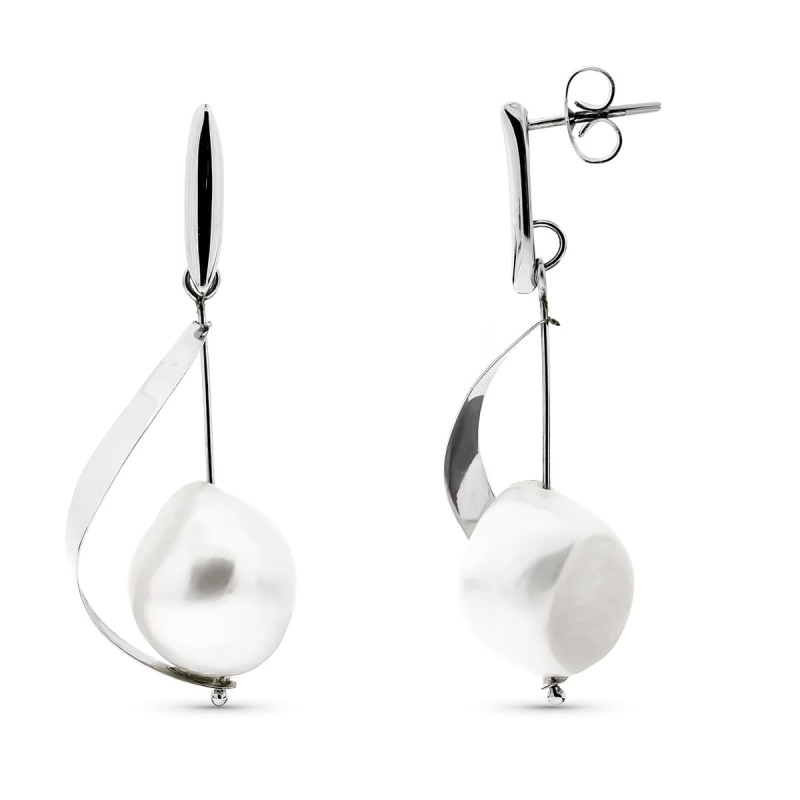 18K PENDIENTES ORO BLANCO LARGOS CON PERLA Y BARRA CIERRE PRESION