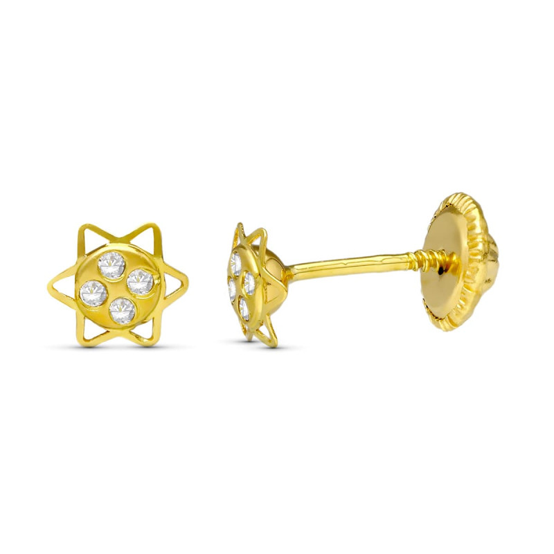 18K PENDIENTES ORO AMARILLO ESTRELLA CIRCONITA 5 MM CIERRE TUERCA