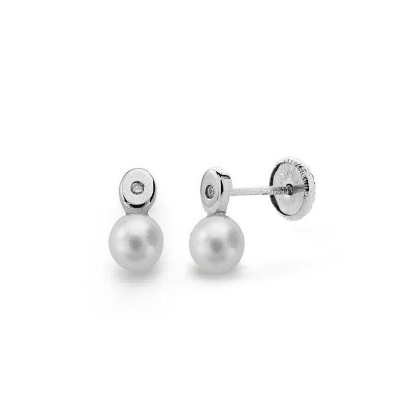 18K PENDIENTES ORO BLANCO PERLA 3 MM DIAMANTES NATURALES SI-H TALLA BRILLANTE 0,012 QTS. CIERRE TUERCA