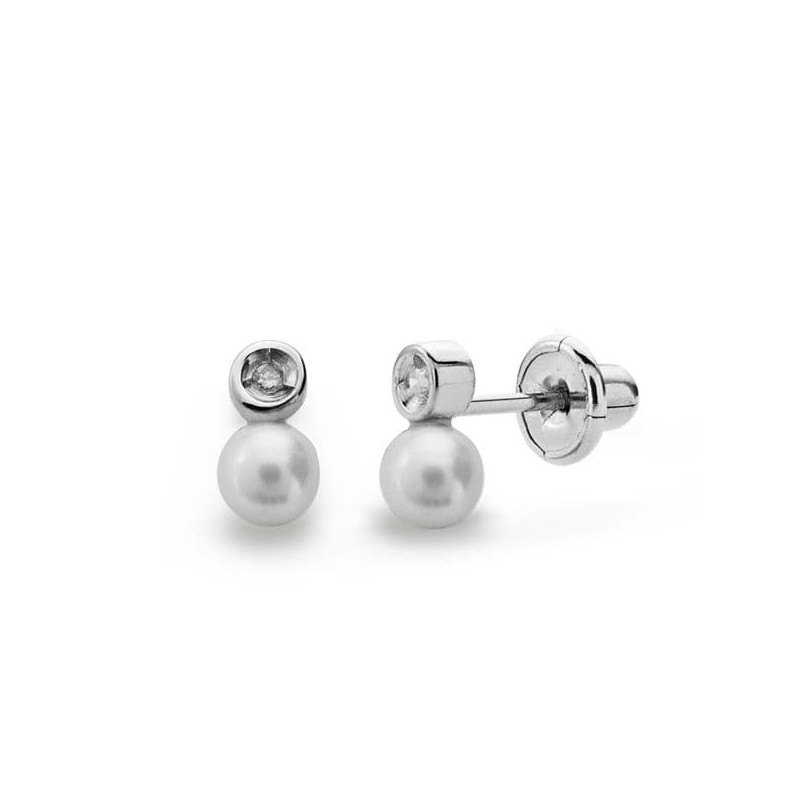 18K PENDIENTES ORO BLANCO PERLA 3 MM DIAMANTES NATURALES SI-H TALLA BRILLANTE 0,012 QTS. CIERRE TUERCA