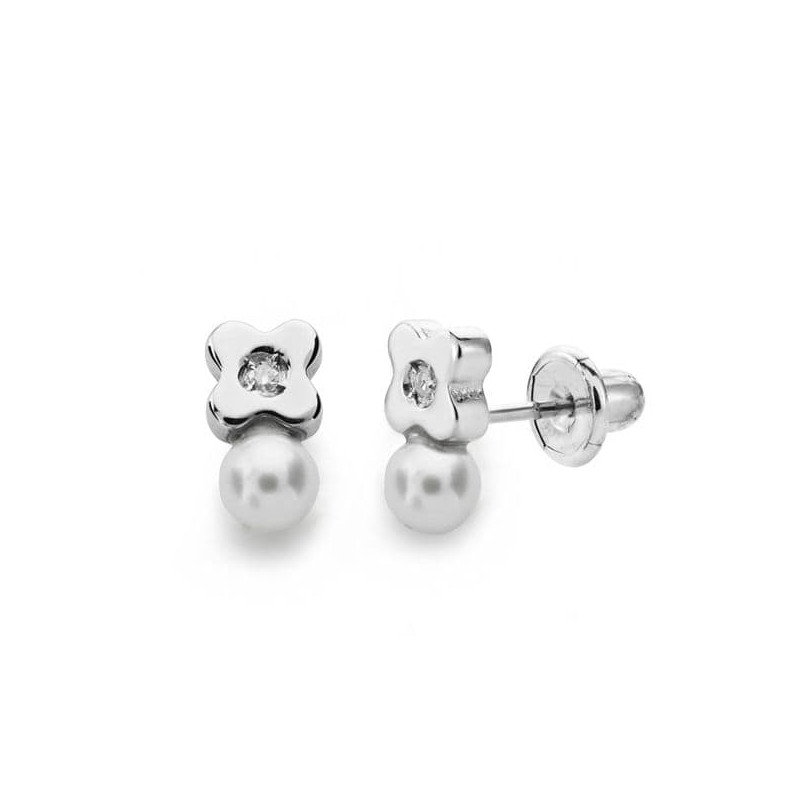 18K PENDIENTES ORO BLANCO PERLA 3 MM DIAMANTES NATURALES SI-H TALLA BRILLANTE 0,012 QTS. CIERRE TUERCA