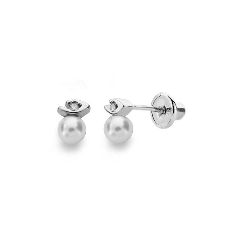 18K PENDIENTES ORO BLANCO PERLA 3 MM DIAMANTES NATURALES SI-H TALLA BRILLANTE 0,012 QTS. CIERRE TUERCA