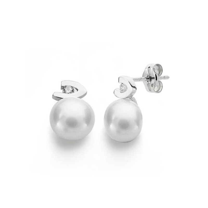 18K PENDIENTES ORO BLANCO PERLA CIRCONITA 12X7 MM CIERRE PRESION