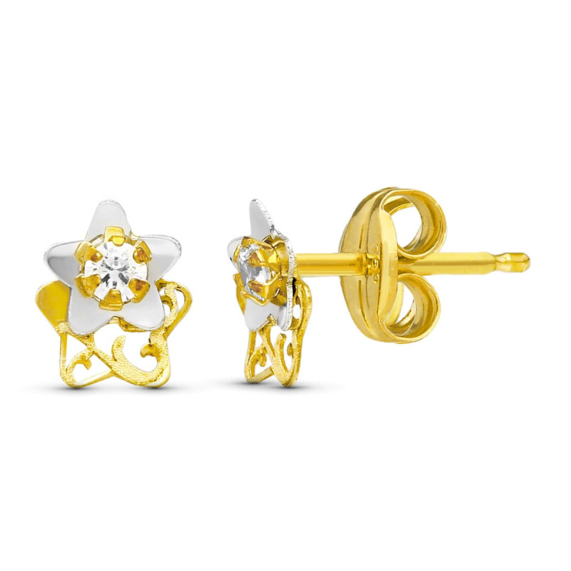 18K PENDIENTES ORO BICOLOR ESTRELLA 6X5 MM CIERRE PRESION