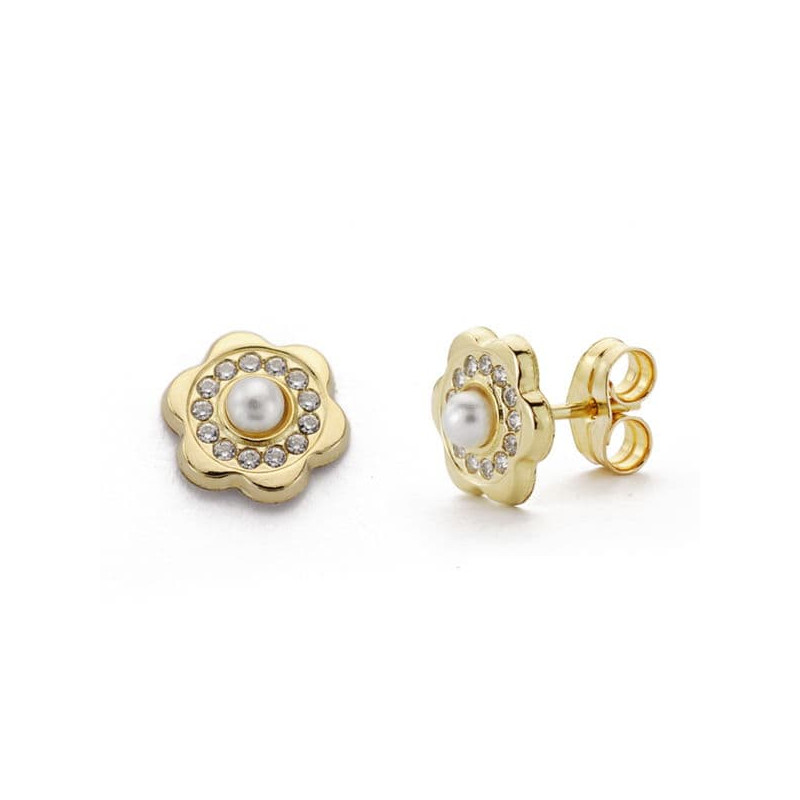 18K PENDIENTES ORO AMARILLO FLOR CIRCONITA Y PERLA 3 MM CIERRE PRESION