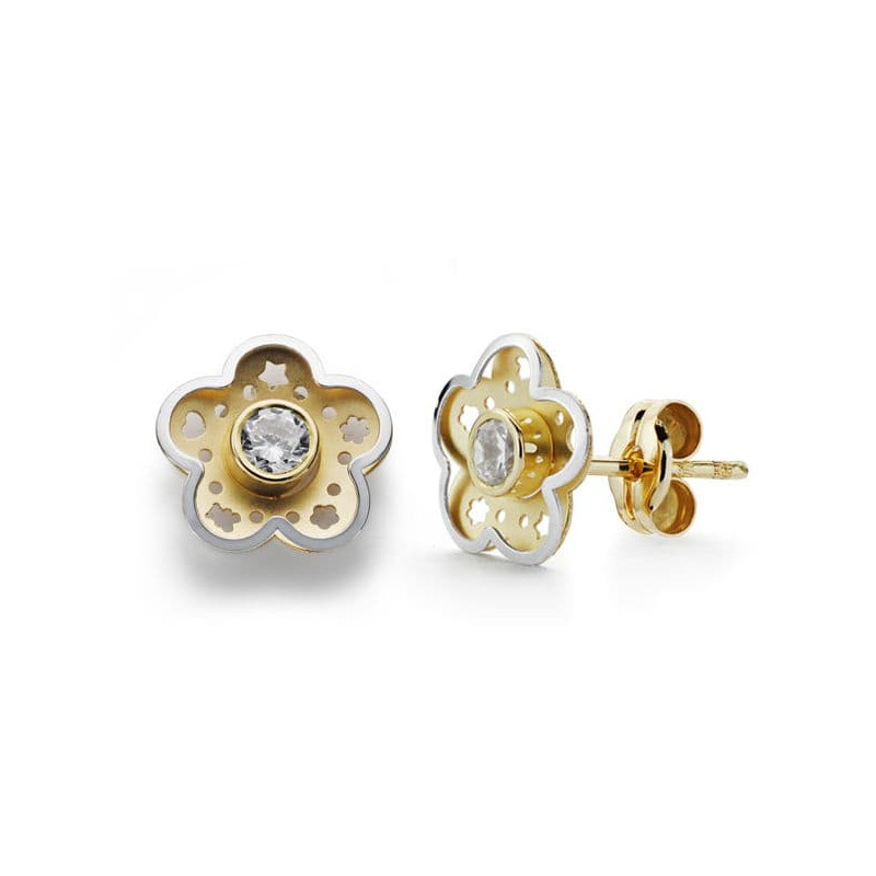 18K PENDIENTES ORO BICOLOR FLOR CIRCONITA 8 MM CIERRE PRESION